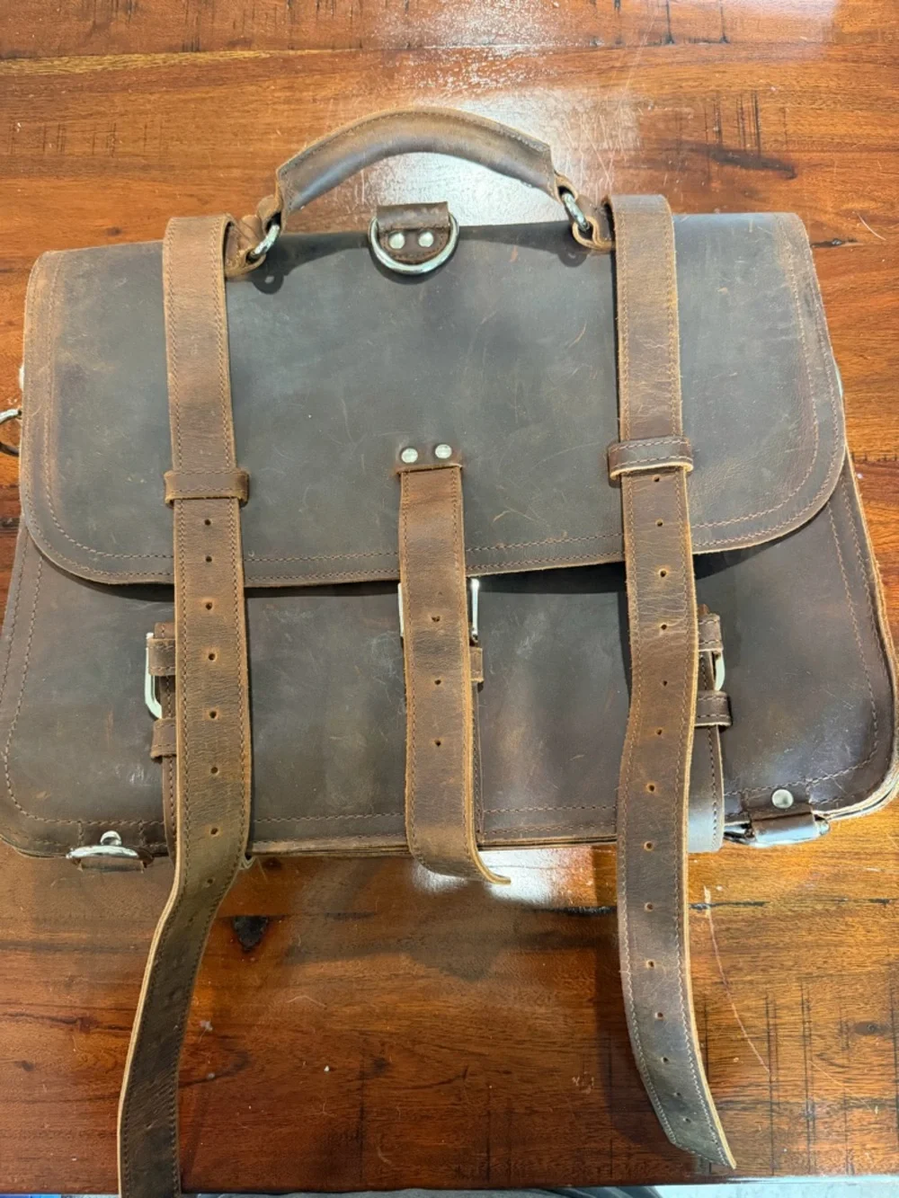 Vagarant Traveler Brown Leather Men's Briefcase with Silver Buckles